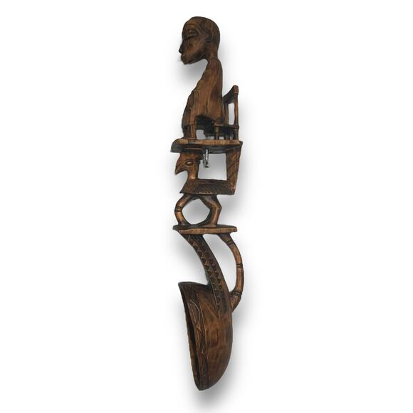 African Tribal Totem Art Carved Wood Ladle Spoon Ceremonial Seated Figure Scoop